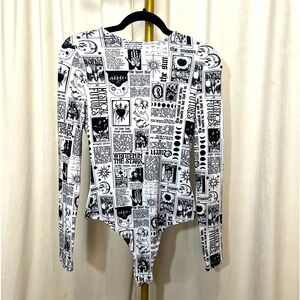 Newspaper Print-Open Back Long Sleeve Bodysuit